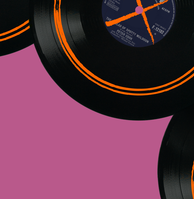 An image with a pink background, featuring vintage vinyl records with a scratched-out song (physically scratched on the vinyl surface) and scratched-out labels.