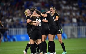Football Ferns' celebrate the goal scored by Kate Taylor against France during the Paris Olympics 2024