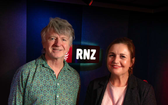 Neil Finn and Charlotte Ryan in the RNZ Auckland studios.