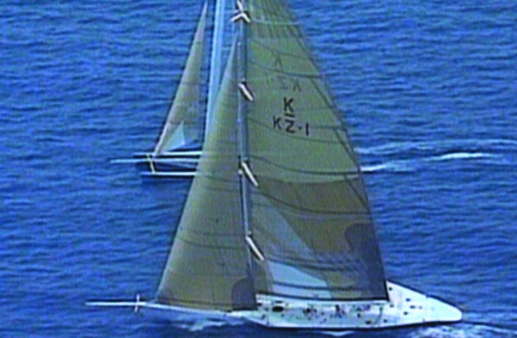 KZ1, the massive carbon-fibre monohull racing the much faster catamaran.