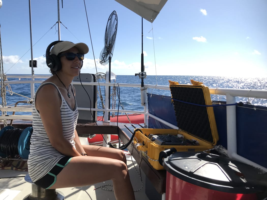 Marta Guerra listens for sperm whale clicks while making an acoustic recording.