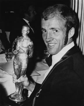 Runner Richard J Tayler after the presentation of the Halberg New Zealand Sportsman of the year award. 1974. Tayler won the 10k at the Christchurch Commomwealth Games in 1974.