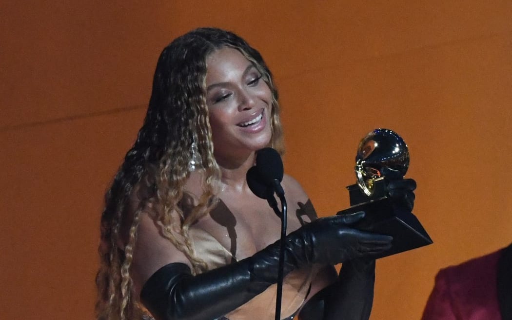 US musician Beyonce accepts the award for Best Dance/Electronic Music Album for "Renaissance." during the 65th Annual Grammy Awards at the Crypto.com Arena in Los Angeles on February 5, 2023. (Photo by VALERIE MACON / AFP)