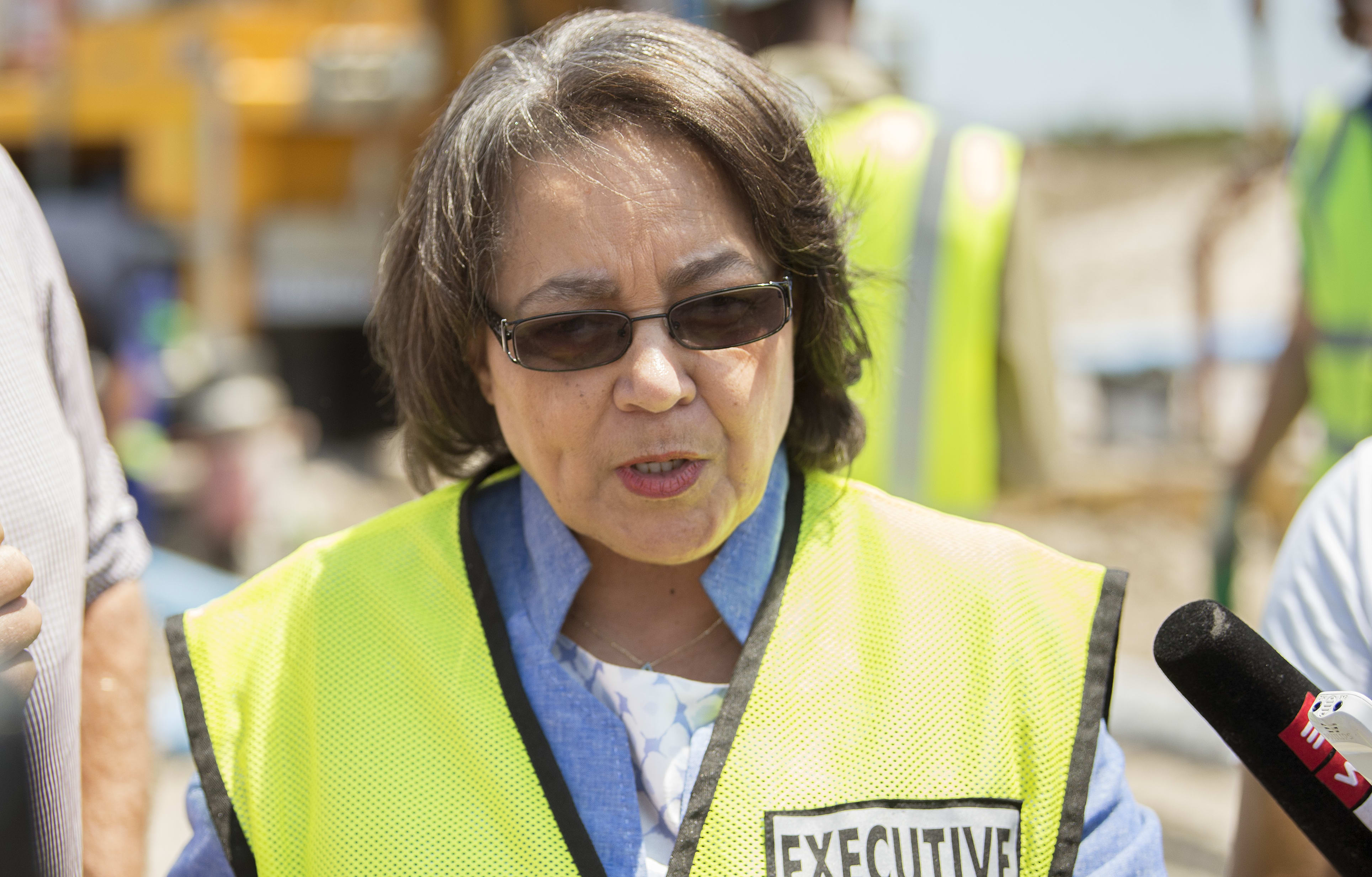 Cape Town City Mayor Patricia de Lille talks to media at a site where the city council has ordered drilling into an aquifer.
