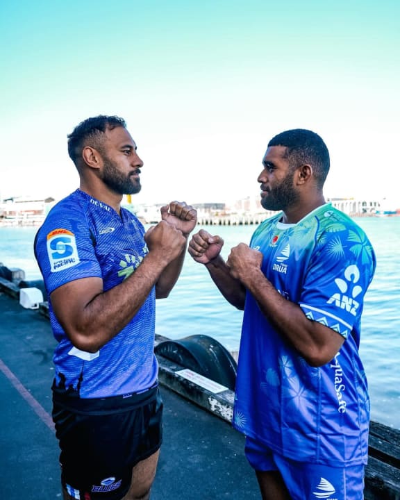 Fijian Drua captain Meli Derenalagi (right) faces off against Blues captain Patrick Tuipulotu at the Super Rugby launch in Auckland on 14 February. The two teams face off in Whangarei on Saturday in their opening competition match. Photo: Super Rugby