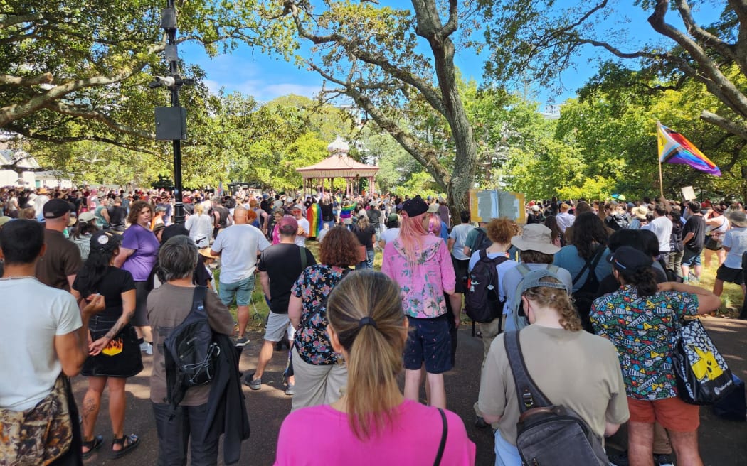 Protesters gather at a demonstration against Brian Tamaki and the Destiny Church.