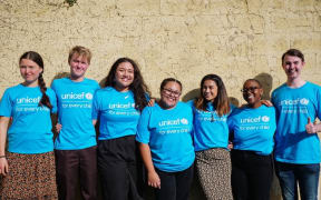 Nele Kalolo, third from left, is one of UNICEF's Aotearoa Young Ambassadors calling for more eligible youth to enrol and vote in this year's NZ general elections.