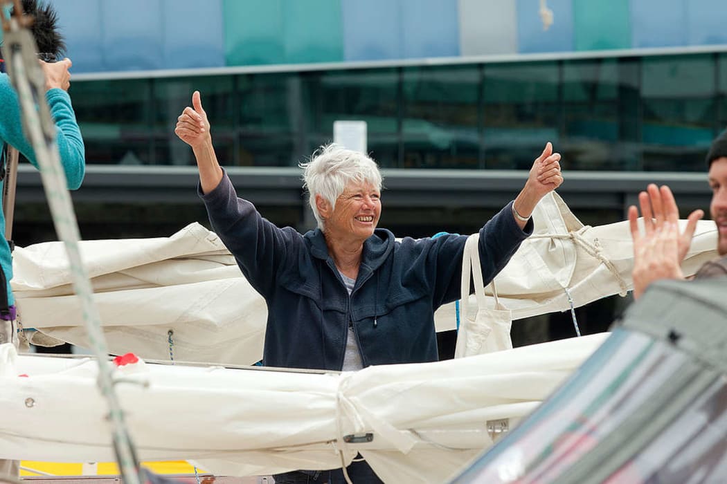 Former Green party leader Jeanette Fitzsimons, aboard SV Vega, responds to the crowd gathered at Princes Wharf to welcome the Oil Free Seas Flotilla back to Auckland in 2013.