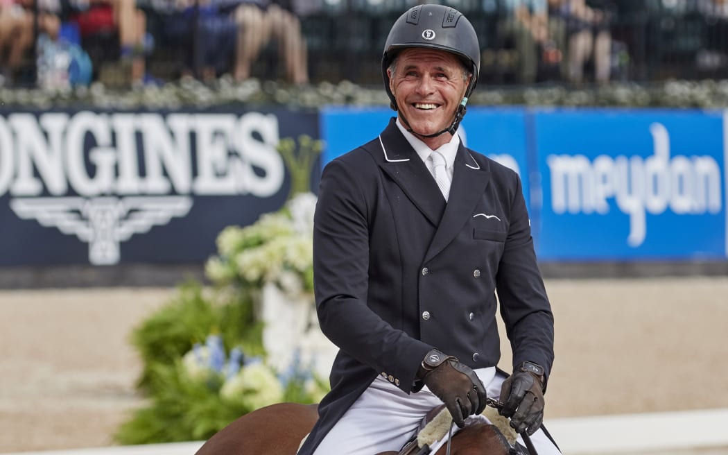 A pleased Blyth Tait on Dassett Courage completes the dressage phase in the eventing competition at the World Equestrian Games in Tryon in the USA.