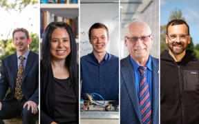 A composite of five headshots, from left a man sitting in a suit and tie, a woman smiling, a young man grinning, an older man in a suit and tie, a man in a zip-up hoodie