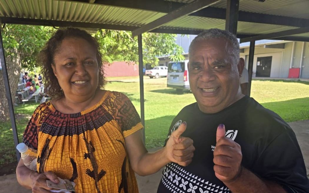 Jotham Napat and his wife Lettis Napat after voting in Vanuatu’s snap election, pictured on Jan. 16, 2025