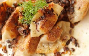 Kumara, sauerkraut and mushroom pierogi