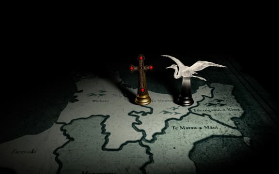 Chess pieces representing Rev Carl S Volkner and Te Whakatōhea Chief Mokomoko in the RNZ series 'Stolen Lands'