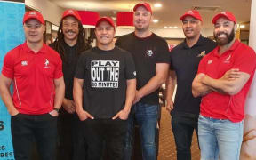 Pacific and New Zealand rugby legends from left: Monty  Betham, Tana Umaga, Kevin Senio, Jason Chandler, Fa’amalua Tipi and Wairangi Koopu.