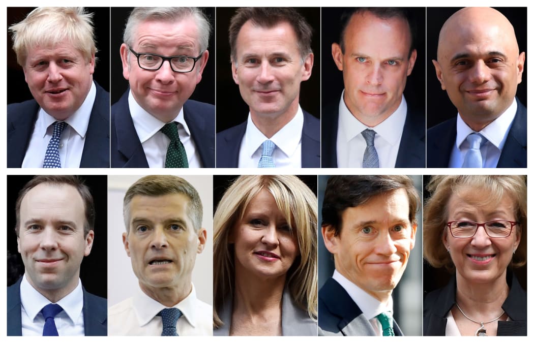 Ten contenders in the Conservative Party leadership contest: (top L-R) Boris Johnson, Michael Gove, Jeremy Hunt, Dominic Raab, Sajid Javid (bottom L-R) Matt Hancock, Mark Harper, Esther McVey, Rory Stewart and Andrea Leadsom.