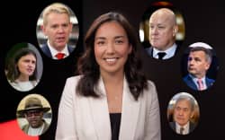 Opportunity Party leader Qiulae Wong, centre, with leaders of the other major parties.