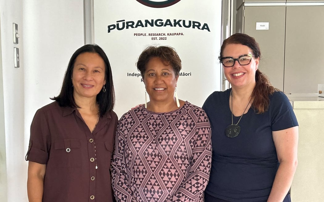 From left to right, Dr Jenny Lee-Morgan, Director of Pūrangakura, researcher Maria Marama and Dr Catherine Mitchell, Maria’s supervisor.