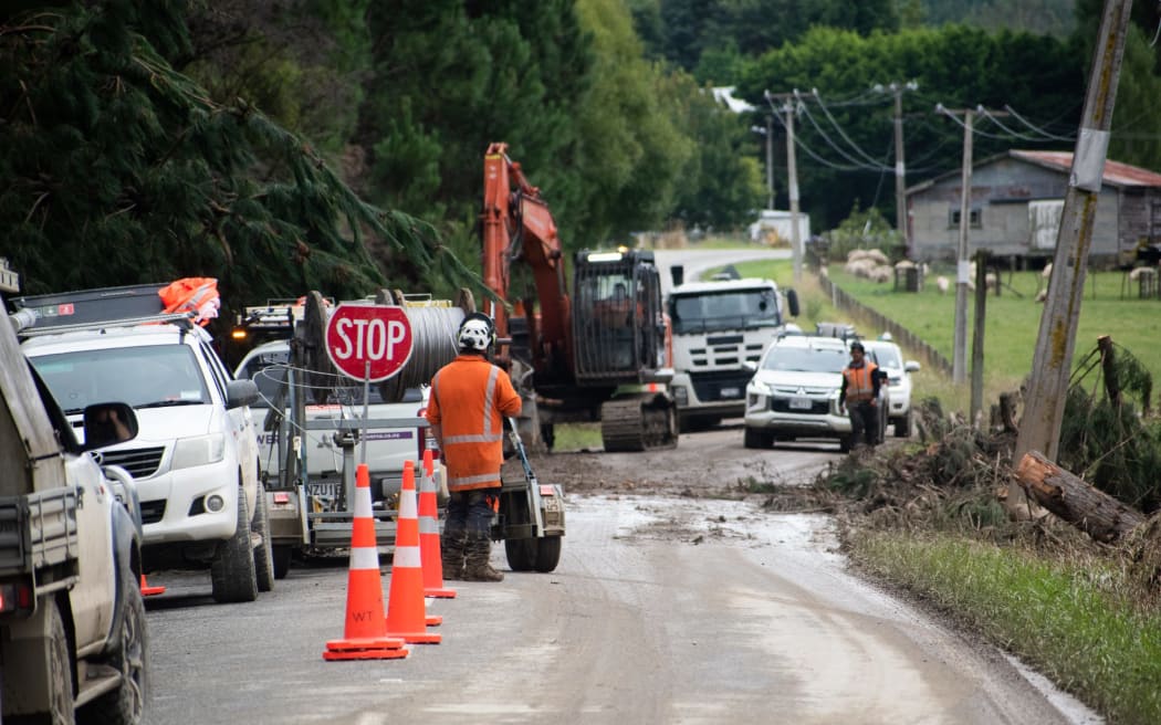 A stop/go near Tinui as the cleanup continued after Cyclone Gabrielle.
