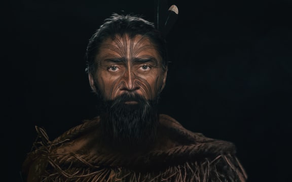 Jake Mokomoko in costume as his ancestor Te Whakatōhea Chief Mokomoko for the RNZ series 'Stolen Lands'