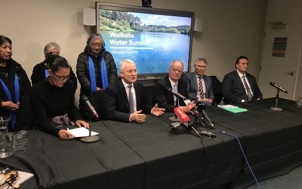 Regional council chair Russ Rummington, Auckland Mayor Phill Goff, Environment Minister David Parker, Te Arataura chair Rukumoana Schaafhausen, and Waikato River Authority co-chair Roger Pikia.