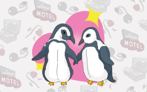 Two penguins hold flippers in front of a love heart, representing monogamous, long-term commitment. In the background are images suggesting things might not be so rosy - a motel sign, a packed suitcase, a ball and chain.