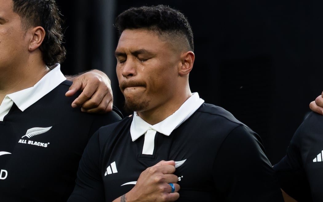 An emotional Caleb Clarke as his father and Ex-All Blacks Eroni Clarke sings the national anthem before the - New Zealand All Blacks v Australia, 2025 Rugby Championship test match at Eden Park - Auckland - New Zealand on Saturday  27  September  2025
Photo credit: Brett Phibbs / www.photosport.nz