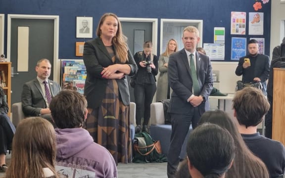 Chris Hipkins and Carmel Sepuloni talk to students at Waitara High School.