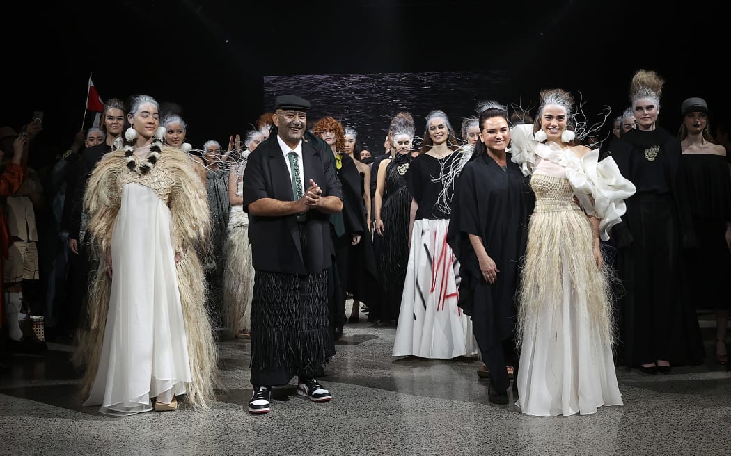 AUCKLAND, NEW ZEALAND - AUGUST 29: Designer Kiri Nathan thanks the audience following  the Kiri Nathan show during New Zealand Fashion Week 23: Kahuria at Viaduct Events Centre‎ on August 29, 2023 in Auckland, New Zealand.