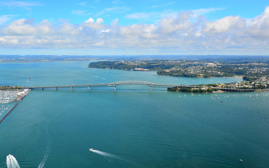 Aerial view of Auckland harbour bridge. It is the second-longest road bridge in New Zealand, and the longest in the North Island.