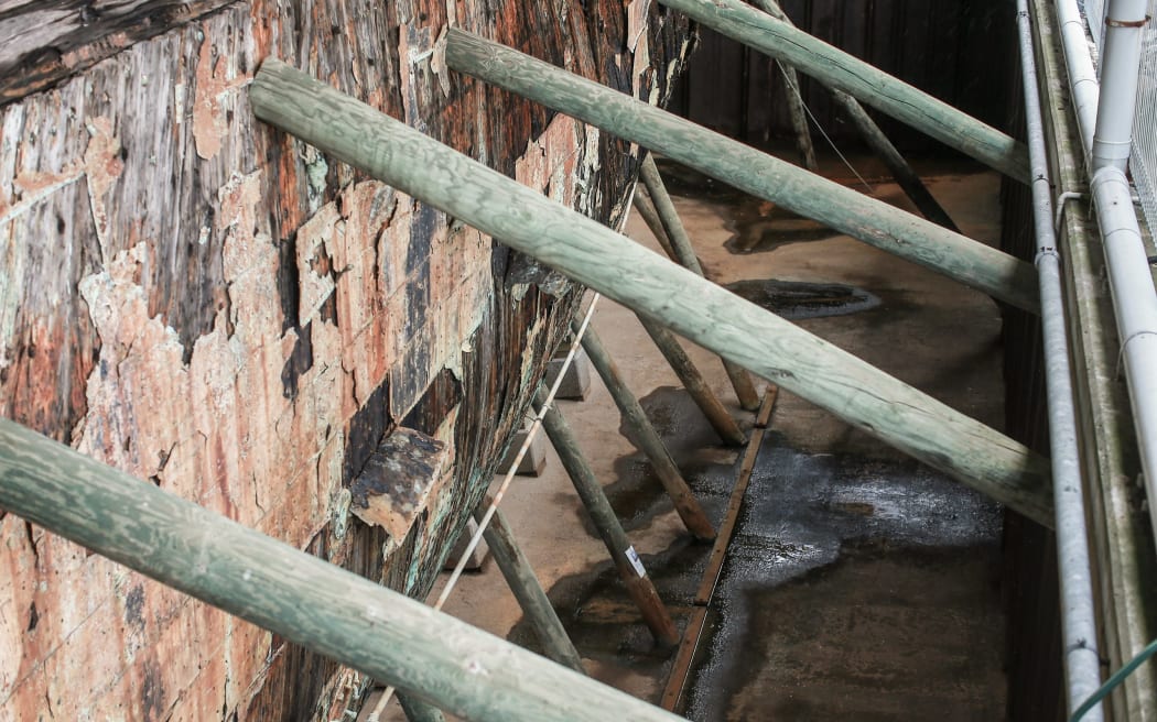 Evidence of water leaking into the Edwin Fox’s dry dock.