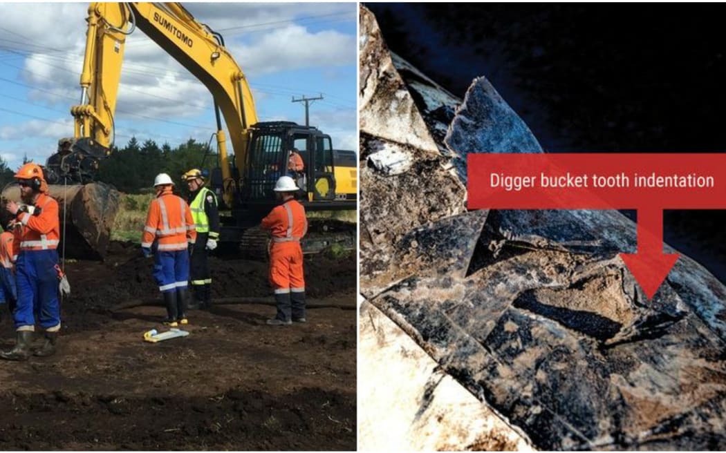 Pipeline repairs, at left, and an image released by Refining NZ on the pipeline damage.