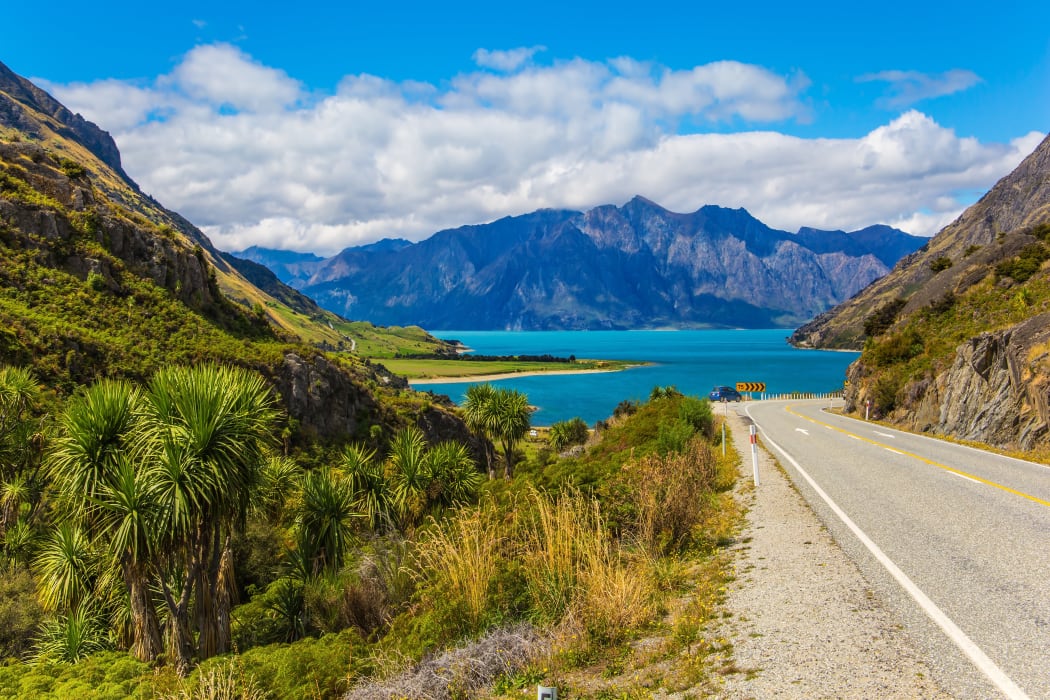 The road around Lake Hāwea in Otago.