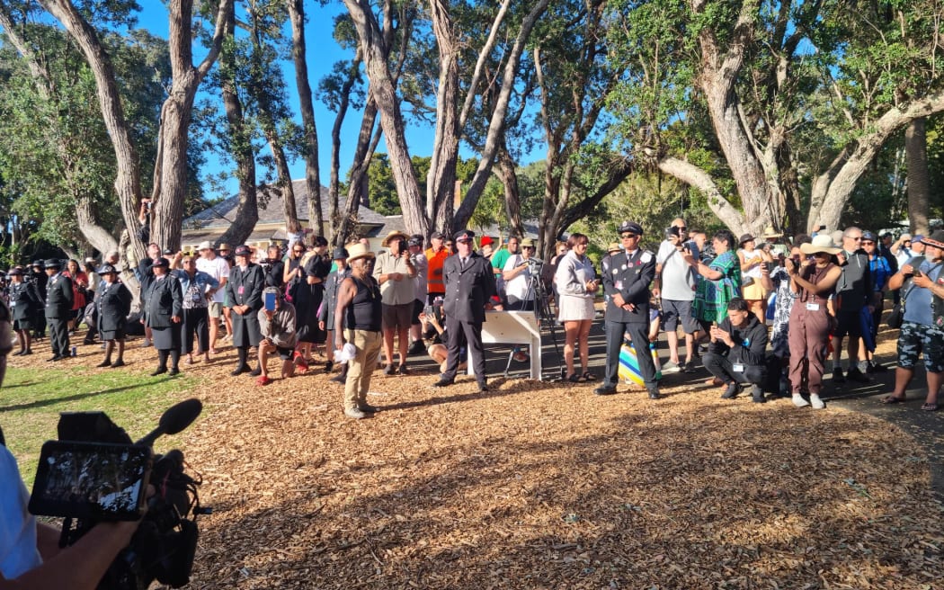 Tame Iti presents his sculpture, Ngā Tamatoa,  to Waitangi at Treaty commemorations on 5 February 2024.