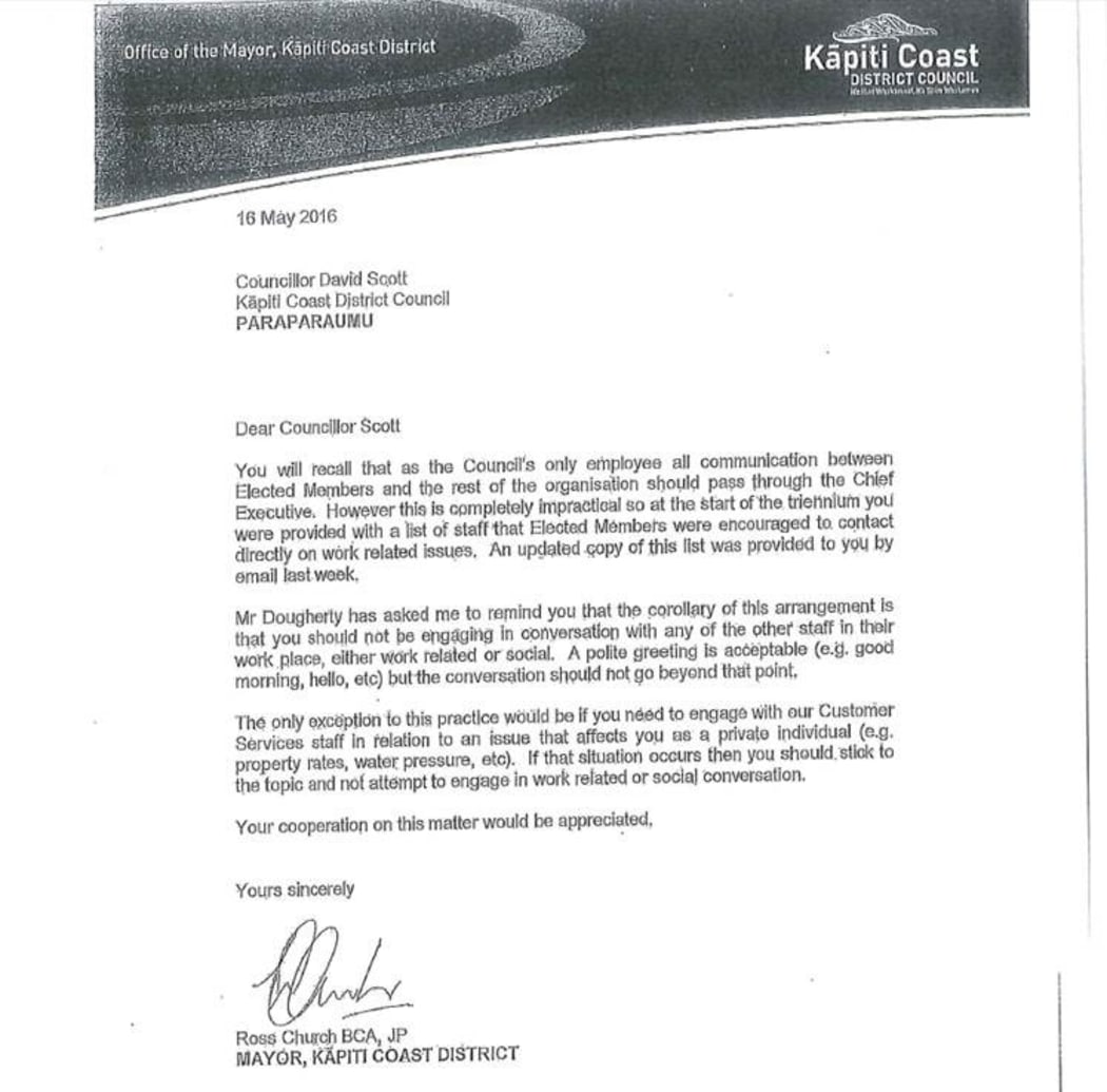 Former Kapiti mayor Ross Church's letter to David Scott in May 2016