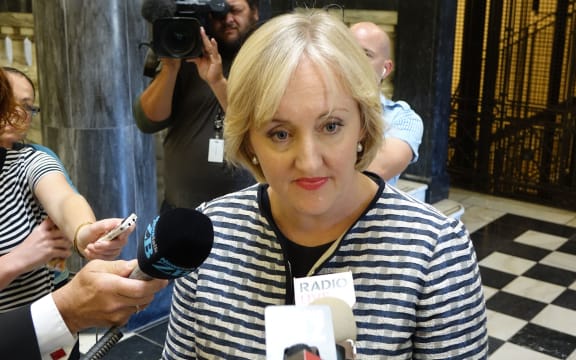 The Justice Minister Amy Adams talking to reporters about fresh inquiry into Bain compensation at Parliament.