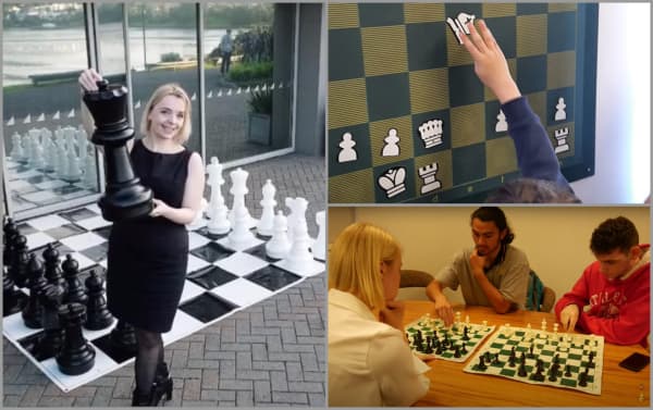 From left: Evguenia Charomova. Top right: A child learning how to play chess. Bottom right: Students at Parkside School taking part in the Infinite Chess programme.