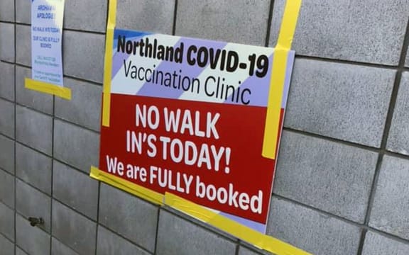 A sign at Whangārei's Semenoff Stadium where the Covid-19 vaccine rollout is facing huge demand.