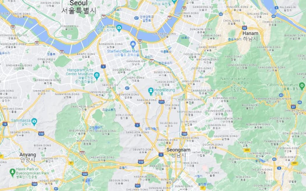 A screengrab shows the location of the commuter town of Seongnam, South Korea, where at least 12 people were injured in an attack by a man who drove his car at random into four people and stabbed at least nine others on 3 August, 2023.