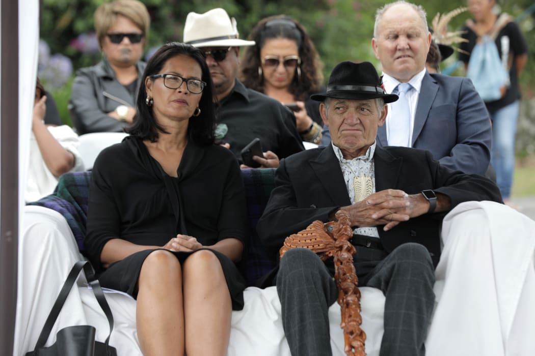 Kiingi Tūheitia at Ihumātao after the Kiingitanga flag was removed.