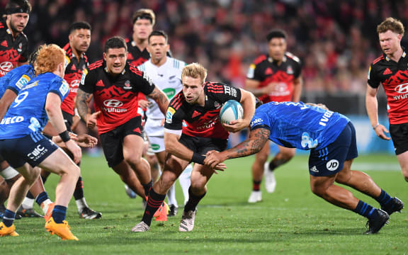 Braydon Ennor advances as the Crusaders take on the Blues at Orangetheory Stadium, Christchurch. New Zealand. Saturday 13 May 2023. © Photo : John Davidson / www.photosport.nz