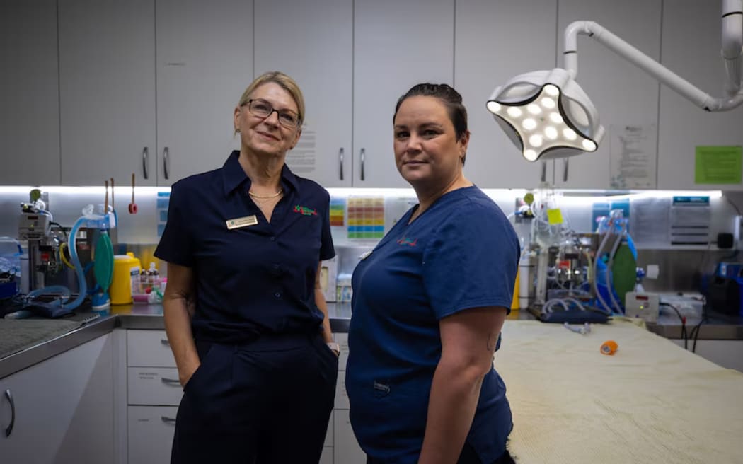 Jackie Woods (left) and vet Danielle Huston plan keep the clinic open during the cyclone
