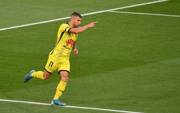 Phoenix's Jaushua Sotirio celebrates a goal