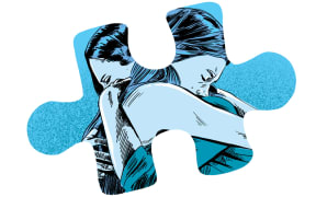 Dark graphic novel style illustration of teenage girl and mother embracing framed in a puzzle piece
