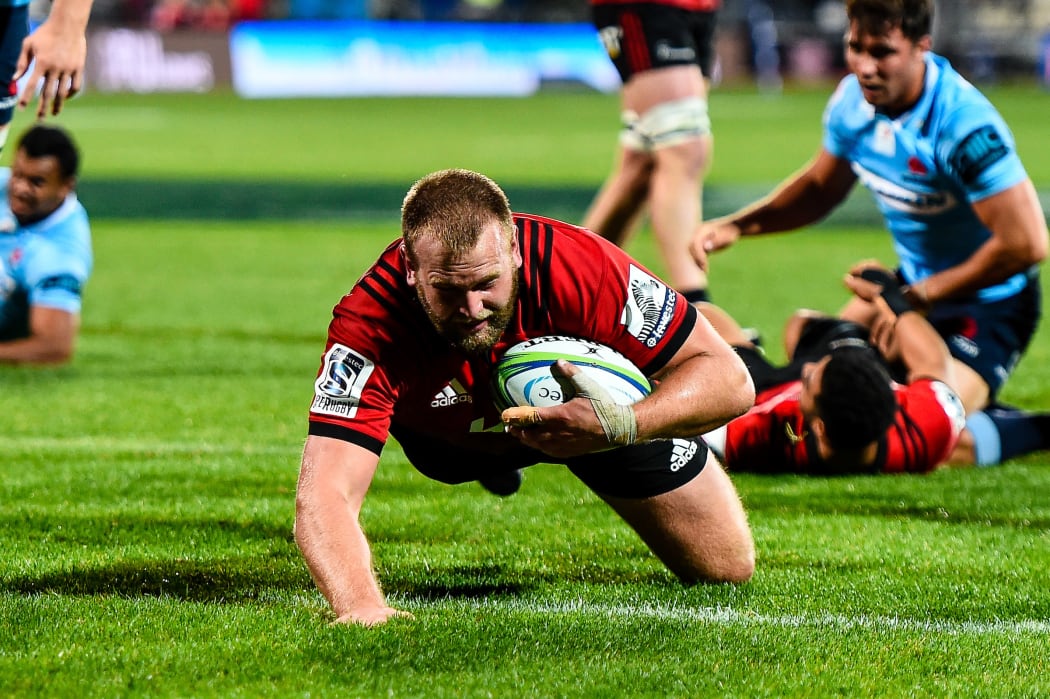 Joe Moody of the Crusaders try during the Super Rugby match, Crusaders V Waratahs, AMI Stadium, Christchurch, New Zealand, 12th May 2018