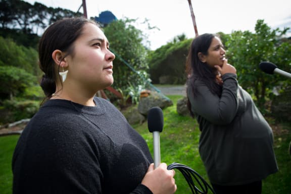 (L-R) Kahu Kutia and Pare Sannyasi in the grounds of Tapu Te Ranga marae.