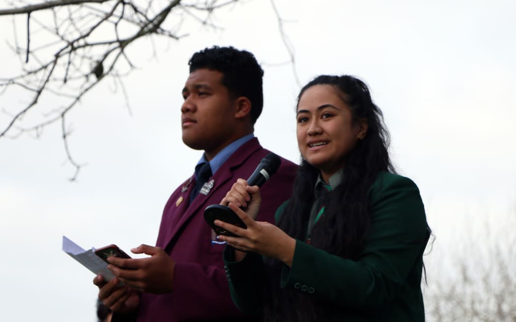 Toma Laumalili and Aigagalefili Fepulea'i Tapua'i addressing the students gathered.