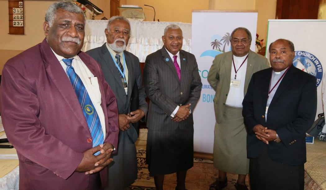 From left, Methodist Church president Reverend Ili Vunisuwai, vice-president Apisalome Tudreu, Prime Minister  Frank Bainimarama, and former church presidents Dr Epineri Vakadewavosa and Tevita Banivanua,