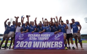 Samoa celebrate qualification for the 2020 World Rugby Under 20 Trophy.