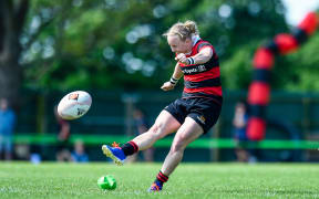 Kendra Cocksedge of Canterbury lines up a penalty during the Farah Palmer Cup.