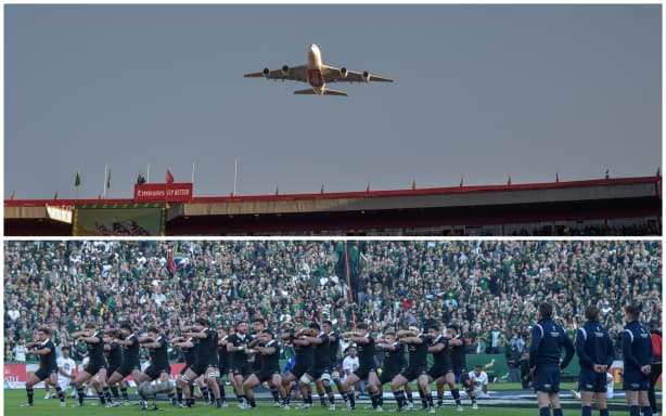 An Emirates Airlines jet flies over Ellis Park before the All Blacks v Springboks test.